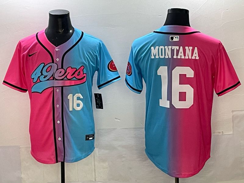 Men 2025 San Francisco 49ers 16 Montana Pink Blue Nike Limited NFL Jersey 02